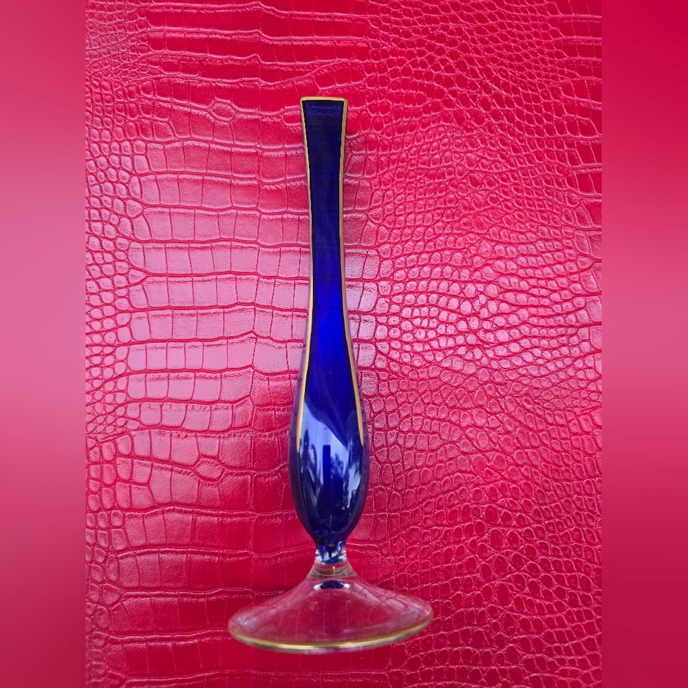 Val St Lambert Cobalt Blue Etched Signature Rose Bud Vase Gold Tone Detail 9.5"